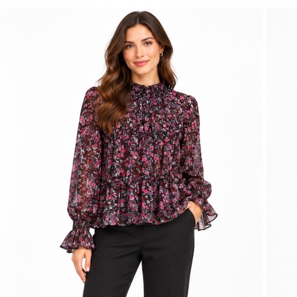 Zara Pink Black Floral Smocked Peplum Blouse Mock Neck Long Sleeve L Boho 119-39